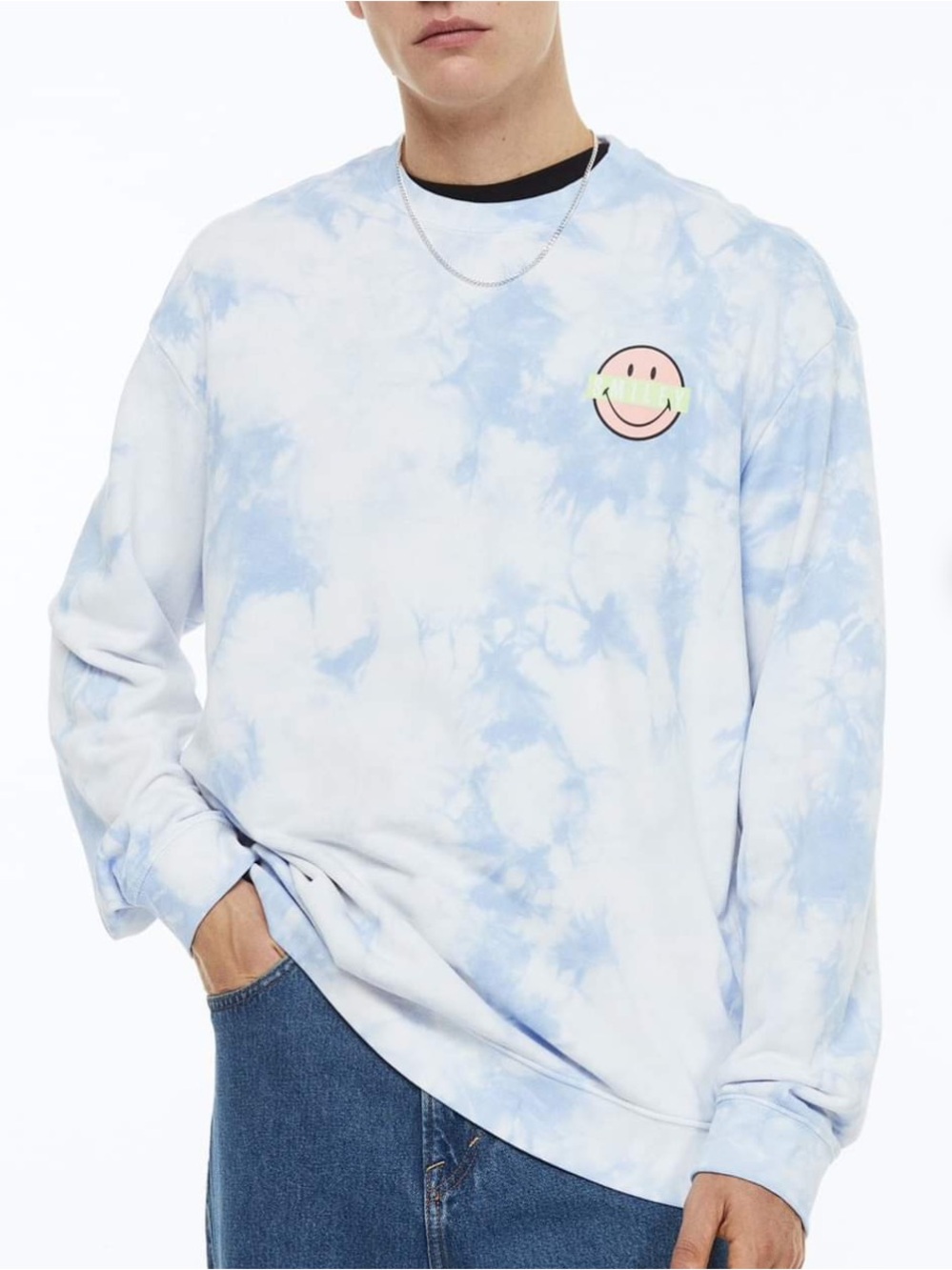H&M Light Blue Tie-Dye Sweatshirt with Pink Smiley Graphic size medium
